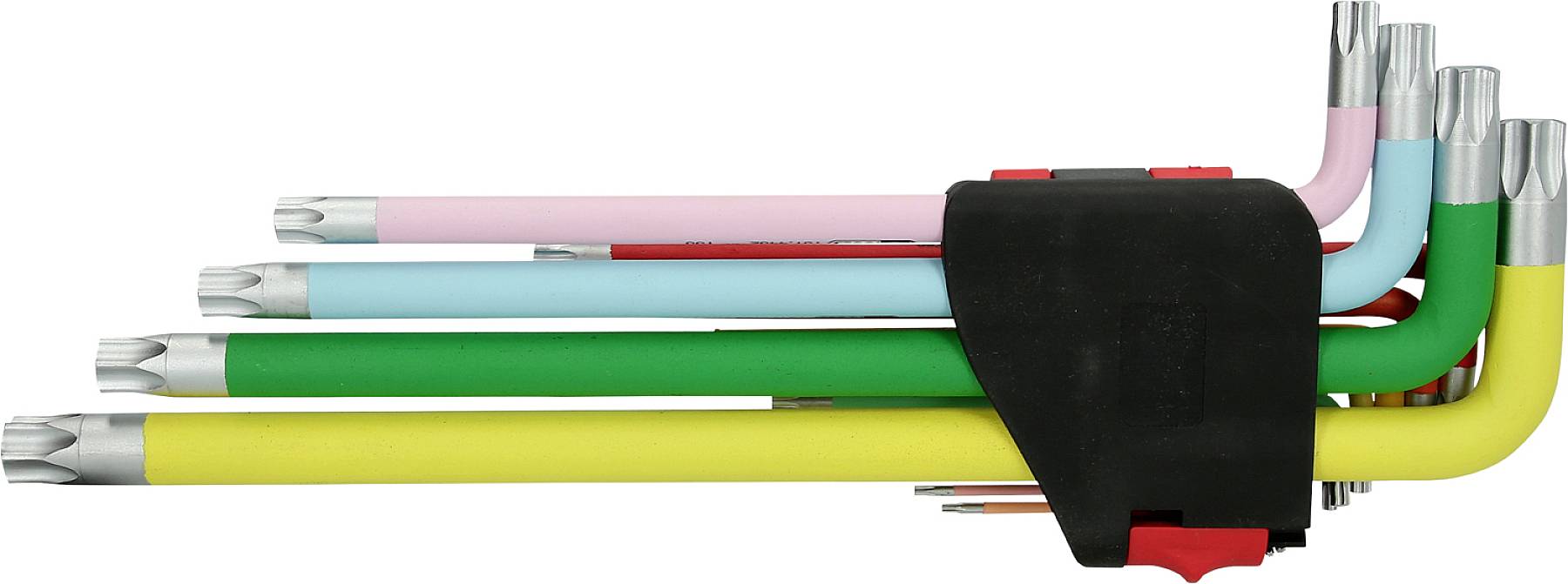 Ein Satz farbiger Winkelschraubendreher in einem Halter, geordnet nach Größe. Farben sind Gelb, Grün, Blau, Pink und Rot.
