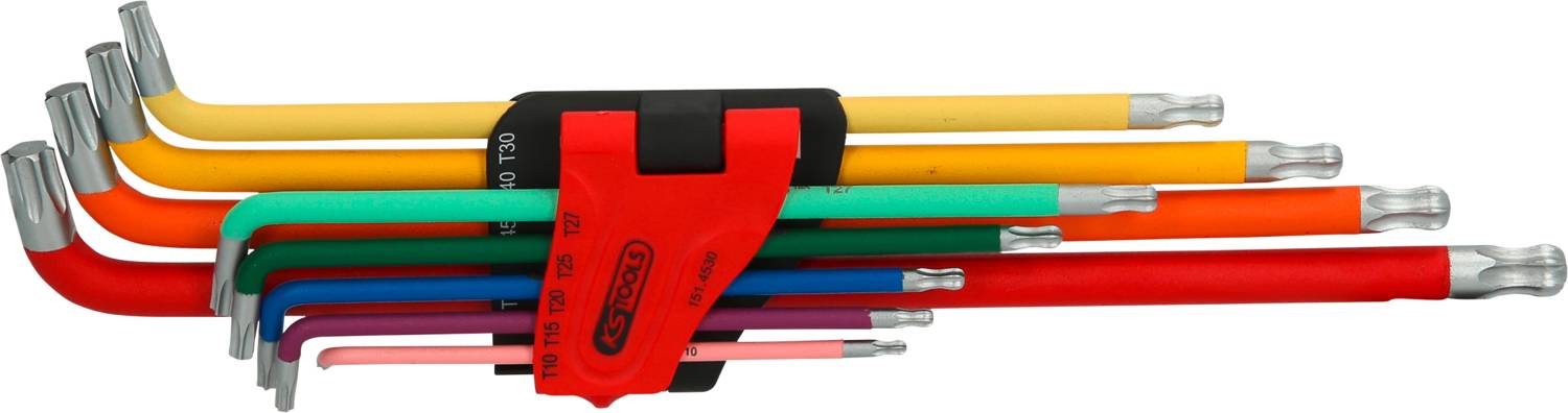 Ein Set von neun Inbusschlüsseln in verschiedenen Farben, angeordnet von klein bis groß, in einer roten Halterung.