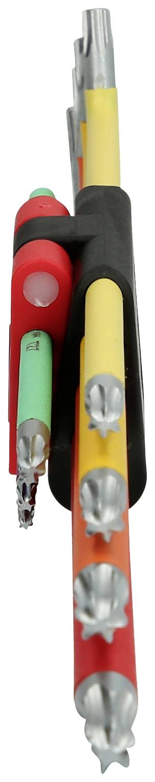 Mehrfarbige Stiftklemmen in einem Halter, die nach oben zeigen.