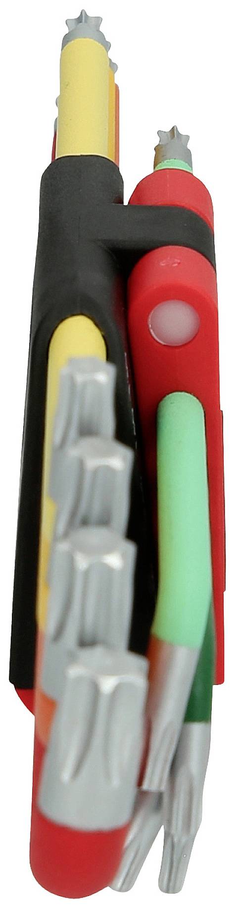 Drei Isolierte Schraubendreher mit unterschiedlichen Klingenlängen und Farben in einer Halterung für sichere Aufbewahrung.
