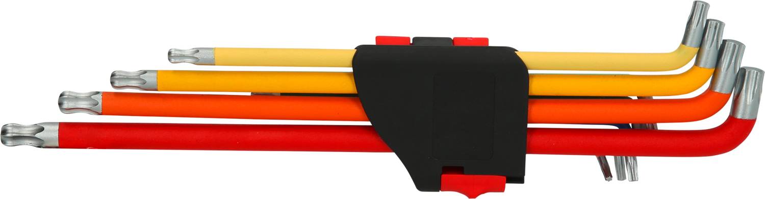 Vier bunte Winkelschraubenschlüssel (gelb, orange, rot) in Halterung.
