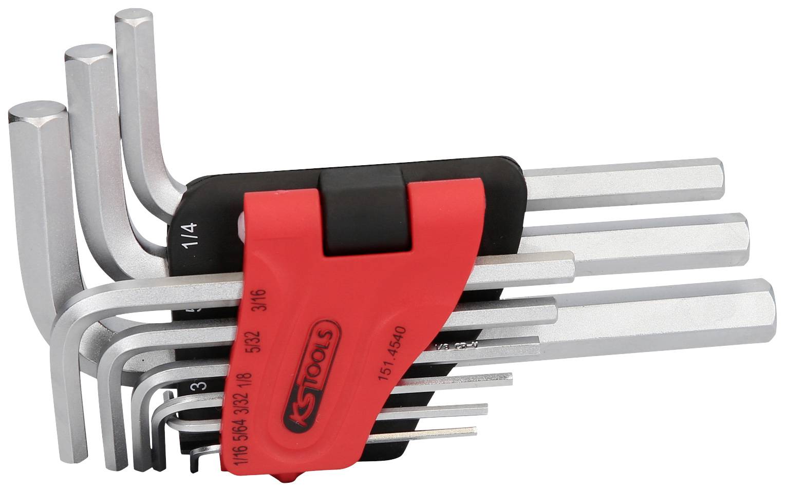 Satz von sieben Inbusschlüsseln in verschiedenen Größen, gehalten von einem roten Kunststoffhalter mit KS Tools Logo.