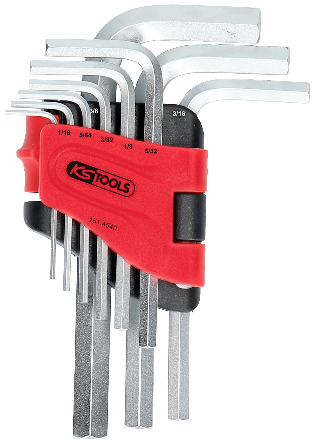 Ein Satz von neun Sechskantschlüsseln in verschiedenen Größen von 1/16 bis 3/16 Zoll, gehalten in einem roten Kunststoffhalter.