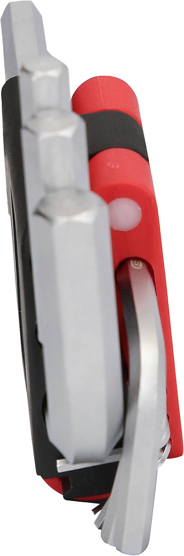 Rot-schwarzes Multifunktionswerkzeug mit mehreren herausklappbaren Metallbits auf weißem Hintergrund.