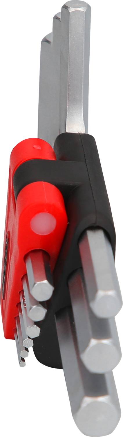 Ein rotes und schwarzes Inbusschlüssel-Set mit verschiedenen Schlüsselgrößen, die aus einem kompakten Halter herausragen.