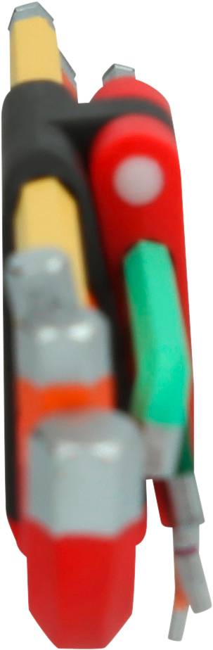 Mehrfarbiges Schweizer Taschenmesser aus der Seitenansicht, zugeklappt, mit sichtbaren Werkzeugschichten und Griff in Rot, Schwarz und Grün.
