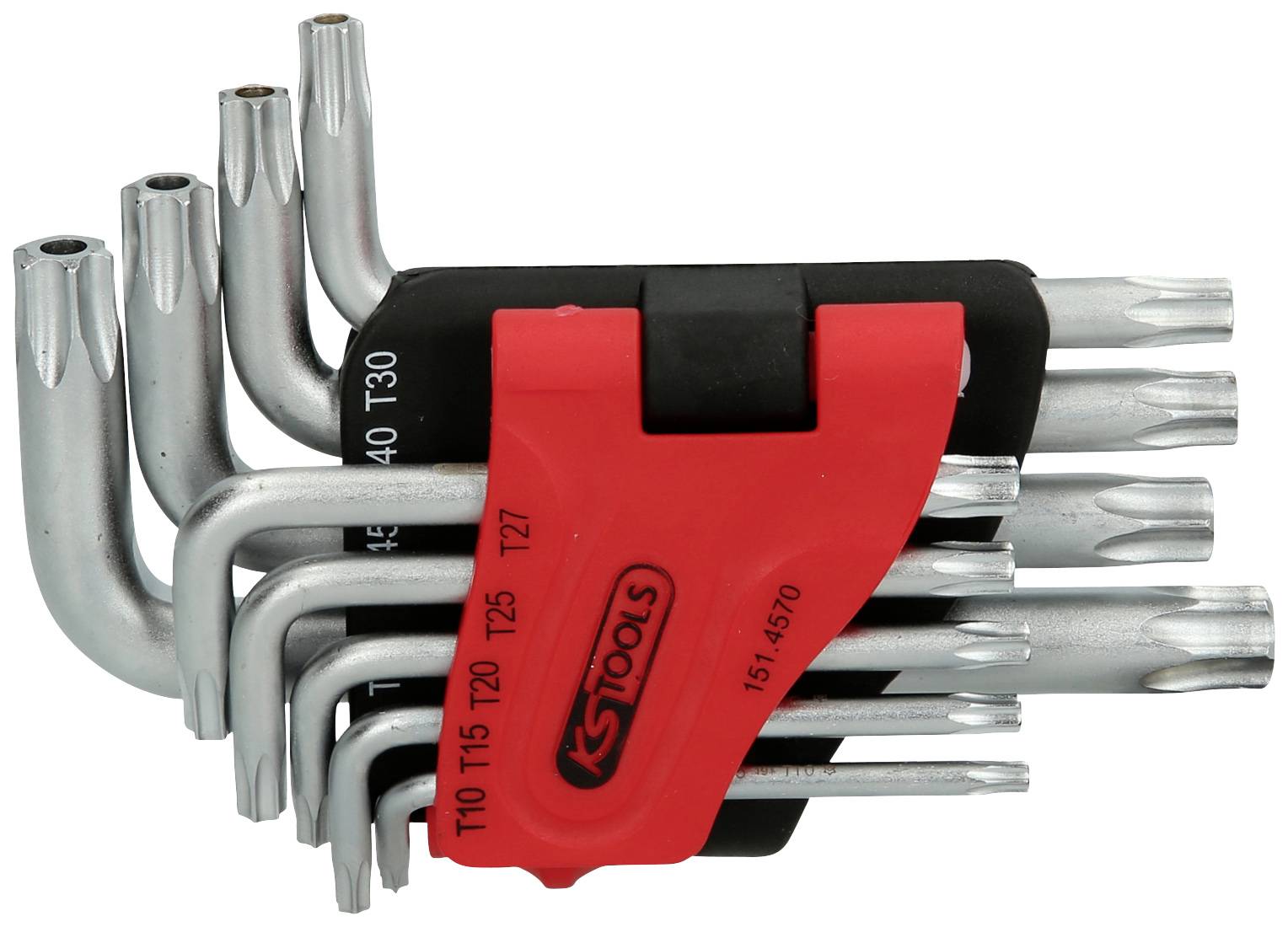 Satz von sieben Torx-Schlüsseln in verschiedenen Größen, gehalten in einem roten Halter mit KS Tools-Logo.