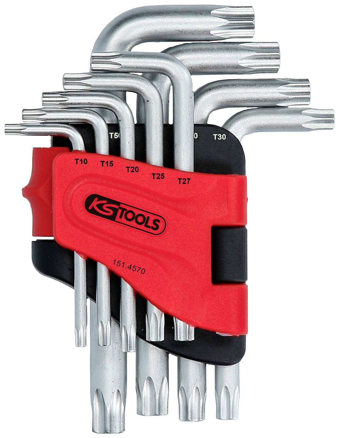 Satz von Torx-Schlüsseln in verschiedenen Größen in einem roten Halter, geeignet für den Einsatz bei mechanischen Arbeiten.