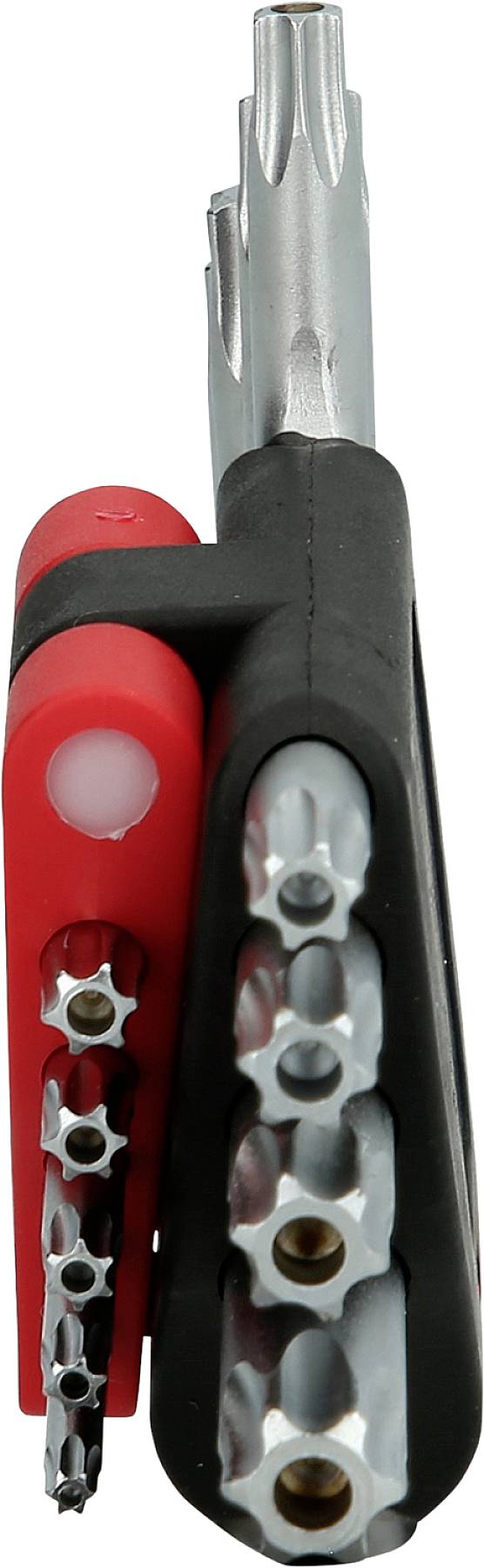 Ein Set von zwei kompakten Steckschlüsselsätzen in rot und schwarz, mit verschiedenen sechseckigen Einsätzen, übereinander angeordnet.