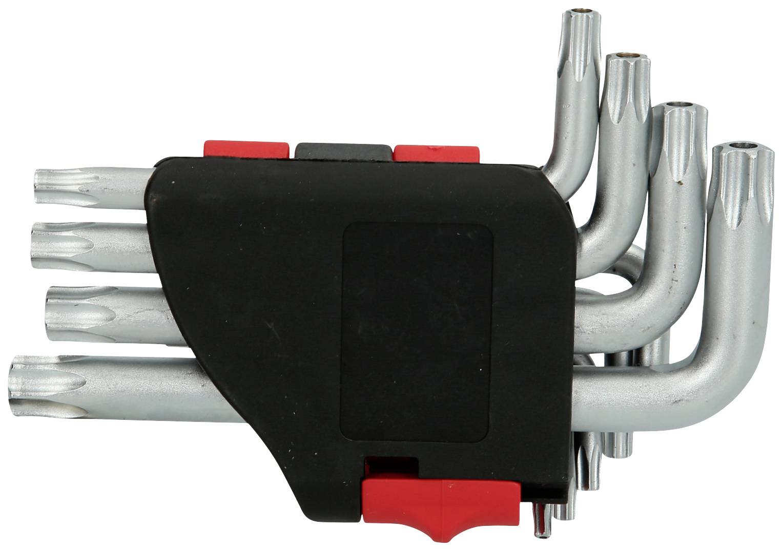 Ein Satz Torx-Winkelschlüssel in verschiedenen Größen in einem schwarzen Halter.