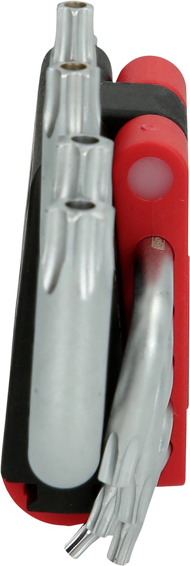 Ein rotes und schwarzes Multitool mit mehreren ausgeklappten Metallaufsätzen.