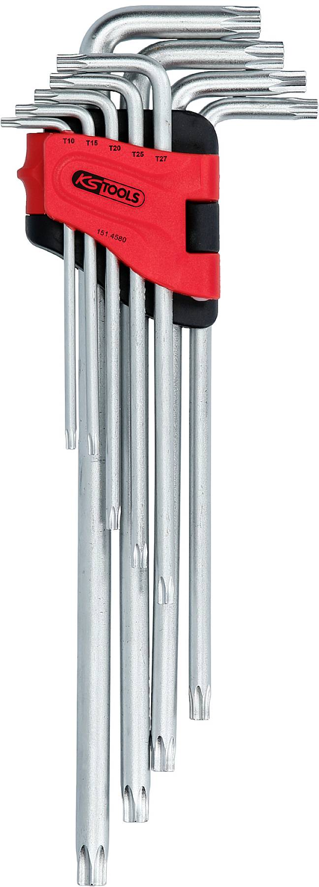 Ein Satz Torx-Schlüssel in verschiedenen Größen, geordnet in einem roten Halter.