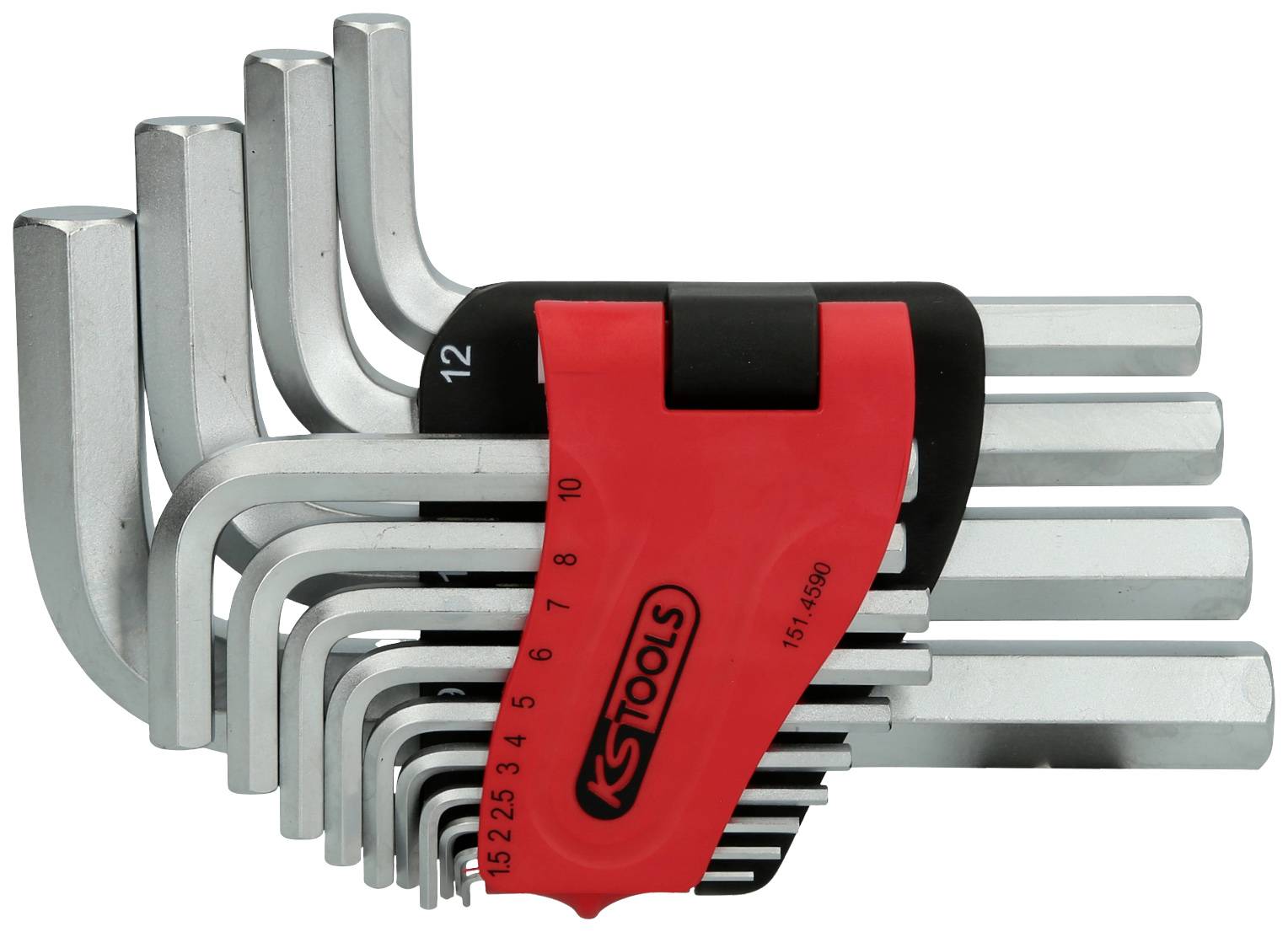 Satz von Inbusschlüsseln in verschiedenen Größen mit rotem Halter und schwarzer Aufschrift zur Kennzeichnung der Größen.