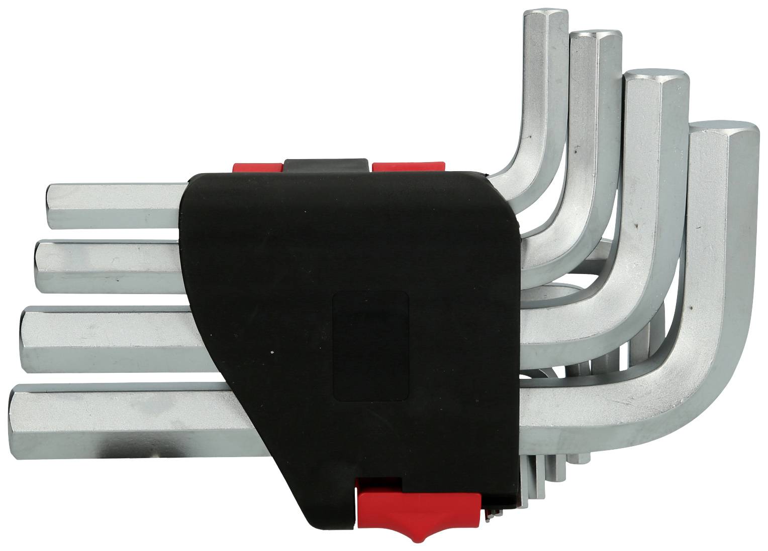 Ein Set aus sechs silbernen Inbusschlüsseln in einem schwarzen Halter mit roten Details, nebeneinander gestapelt.