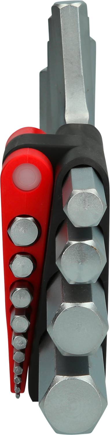 Ein roter, klappbarer Satz Inbusschlüssel mit verschiedenen Größen, angeordnet in einem schwarzen Halter.