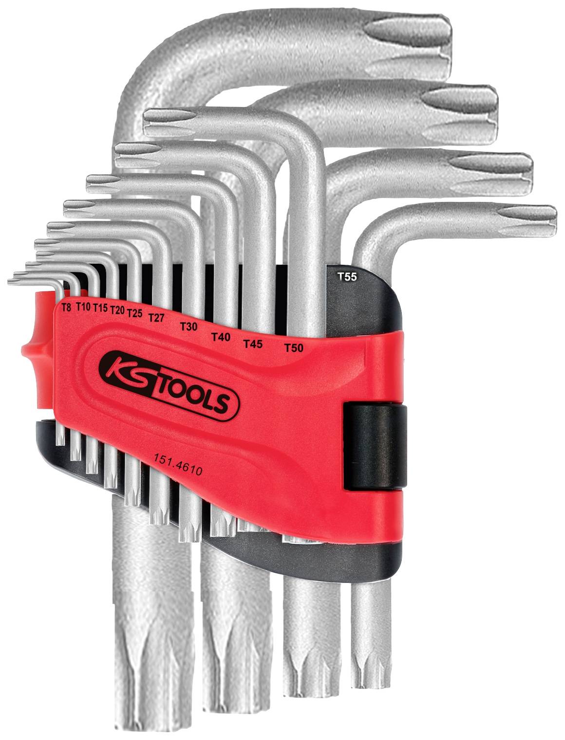 Satz von Torx-Winkelschlüsseln in verschiedenen Größen, gehalten von einer roten Kunststoffhalterung mit dem Logo 'KS Tools'.