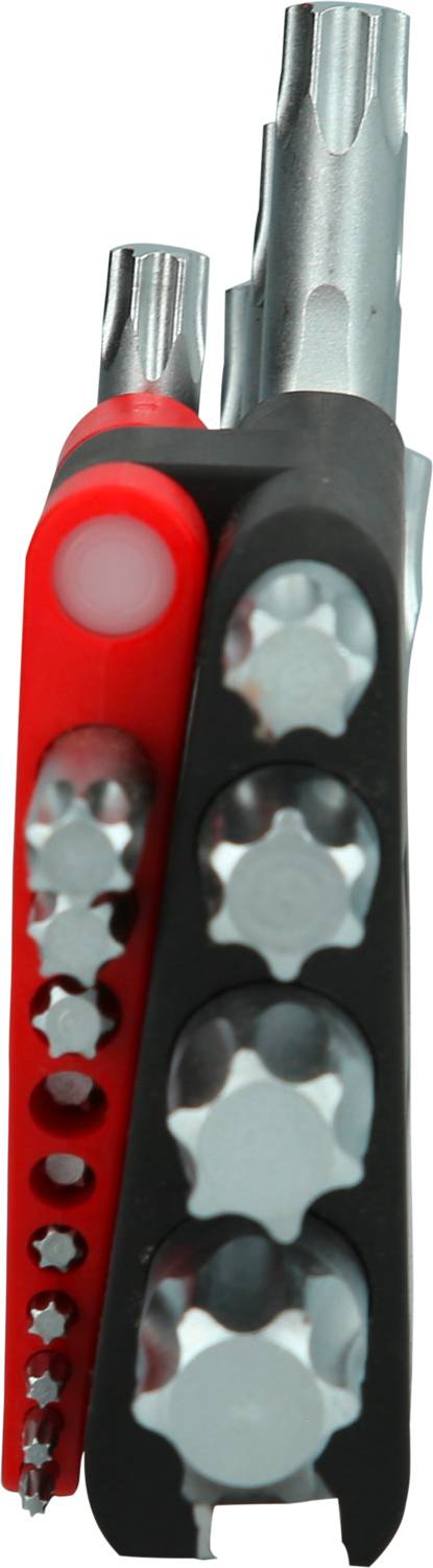Roter und schwarzer Schraubendreher-Bit-Halter mit verschiedenen Bits, die sichtbar eingesteckt sind. Ideal für vielseitige Reparaturen.