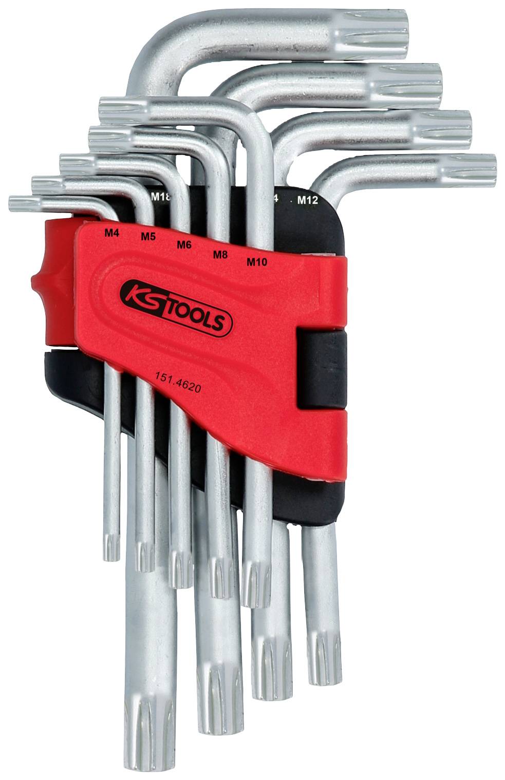 Satz von Torx Winkelschlüsseln von KS Tools, Größen M4 bis M12, in einem roten Halter.
