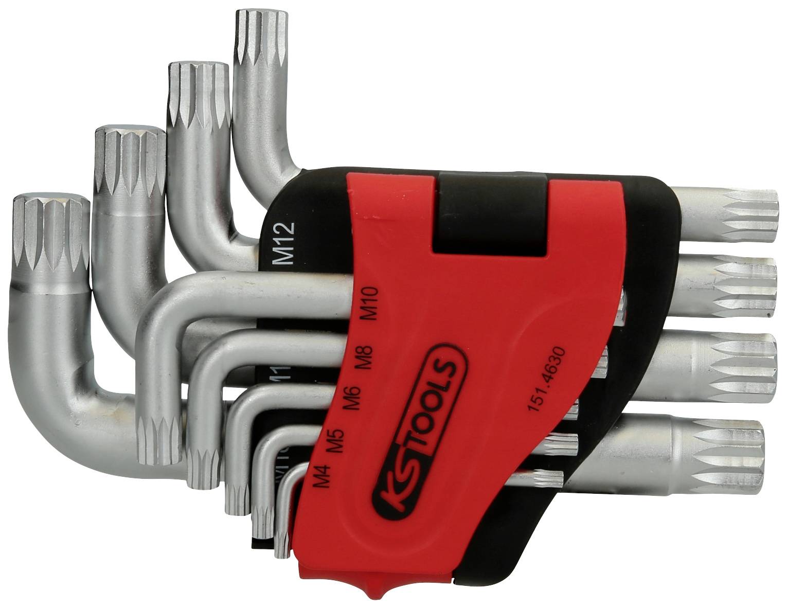 Satz von Torx-Schlüsseln in verschiedenen Größen in einem roten Halter, geeignet für Schrauben mit Innenstern-Profil.