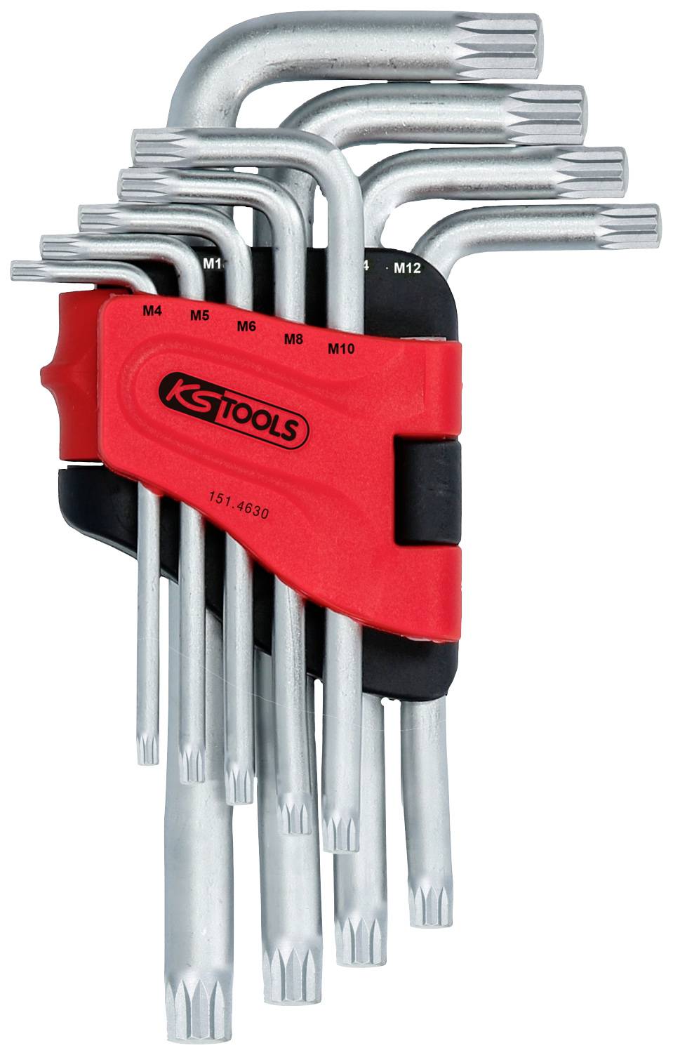 Ein Satz Torx-Winkelschraubendreher in verschiedenen Größen, von M4 bis M12, mit rotem Halter von 'KS Tools'.