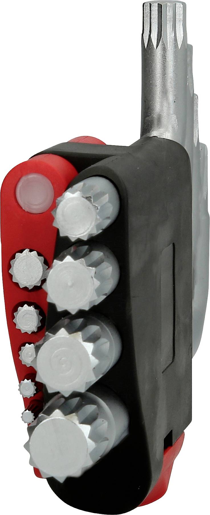 Ein multifunktionales Werkzeug mit verschiedenen Schraubendreheraufsätzen und einem faltbaren, schwarzen und roten Griff.