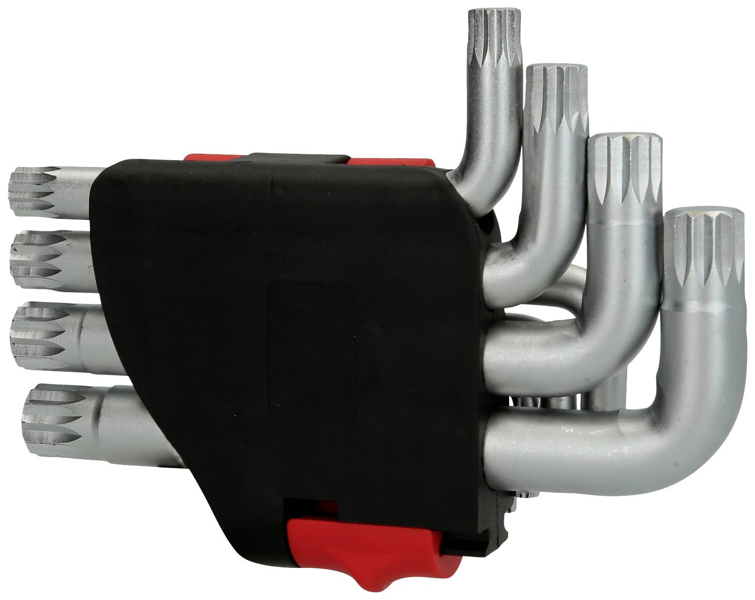 Ein Satz von L-förmigen Torx-Schlüsseln in verschiedenen Größen, gehalten in einem schwarzen Halter mit rotem Verschluss.