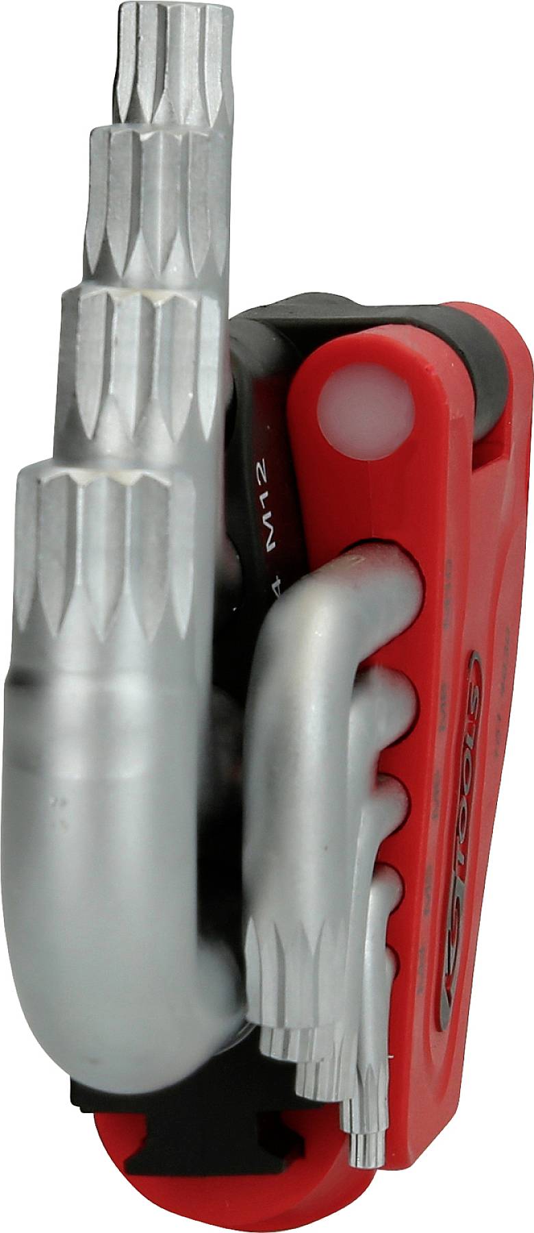 Ein kompakter Werkzeug-Set mit verschiedenen Torx-Schlüsseln, die aus einem roten Gehäuse herausklappen.