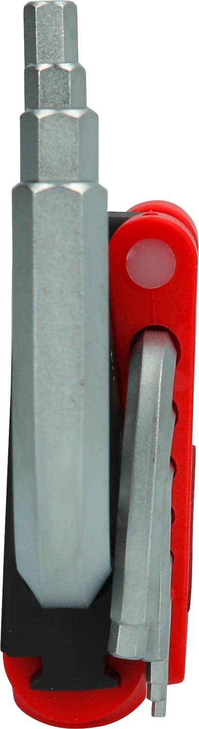 Ein rotes Multitool mit verschiedenen sechseckigen Schraubendreherbits, kompakt zusammengefaltet für vielseitige Anwendungen.