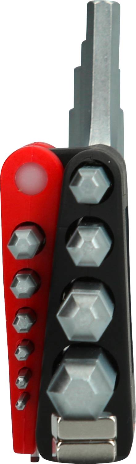 Multitool in Rot und Schwarz mit verschiedenen Schraubenschlüsseln und Bits in unterschiedlichen Größen für diverse Anwendungsbereiche.