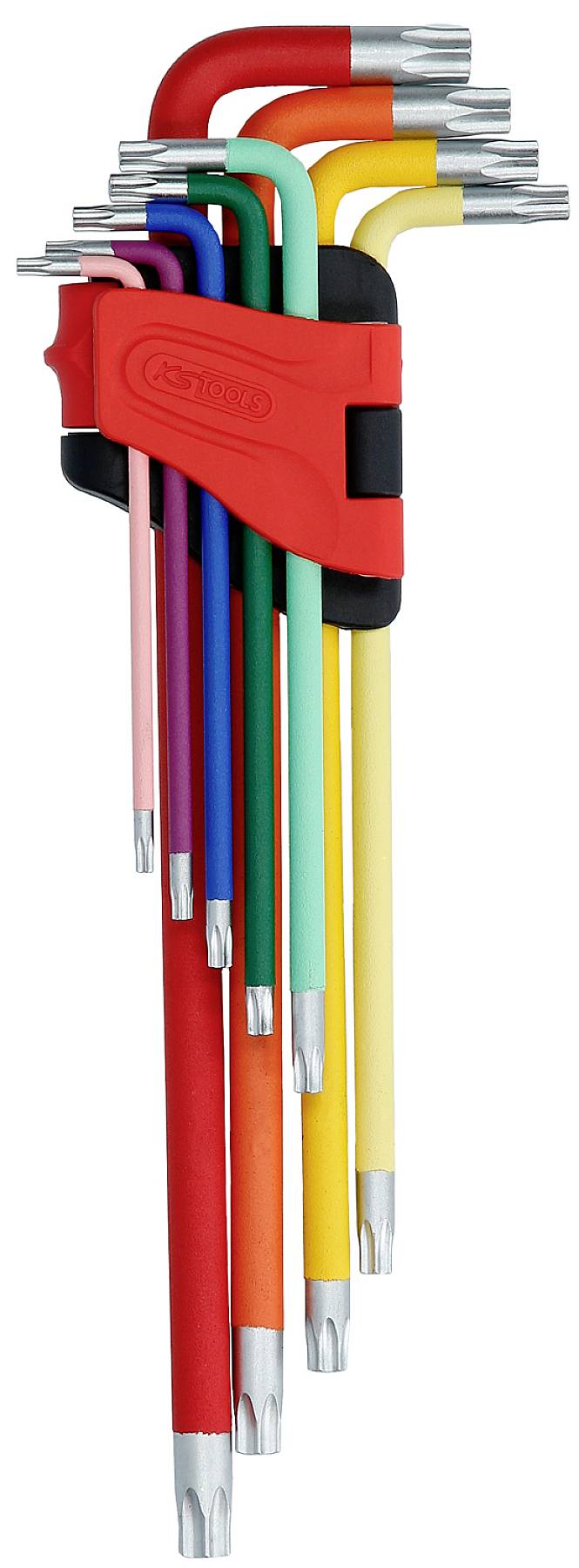 Ein Set von acht farbigen Sechskantschlüsseln in einem roten und schwarzen Halter, von klein nach groß sortiert.