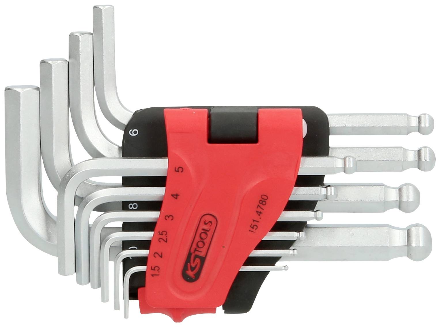 Ein Set von acht Innensechskantschlüsseln in verschiedenen Größen, angeordnet in einer roten Kunststoffhalterung.