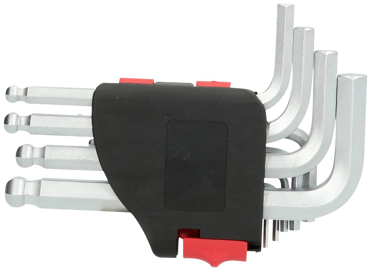 Inbusschlüsselsatz in Halterung mit verschiedenen Größen, geordnet von groß nach klein. Geeignet für vielseitige Anwendungen.