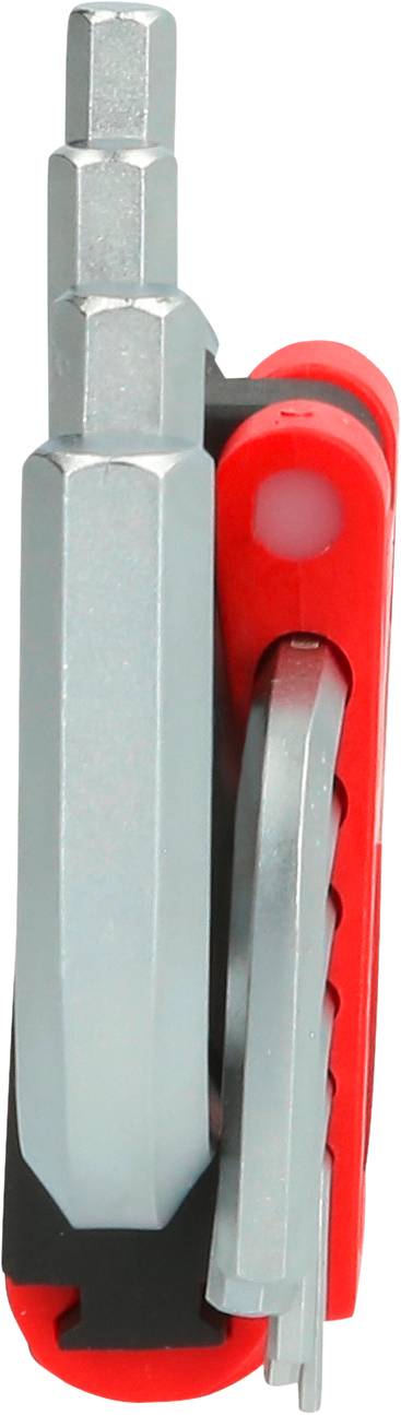 Klappbares Multitool mit Inbusschlüsseln und rot-schwarzem Griff. Ideal für Fahrradreparaturen oder andere handwerkliche Arbeiten.