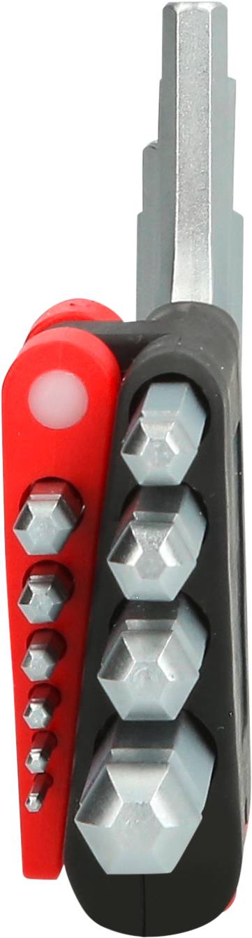 Ein kompaktes Multitool mit mehreren Schraubenschlüsseln, angeordnet in einem klappbaren Design. Geeignet für handwerkliche Arbeiten.