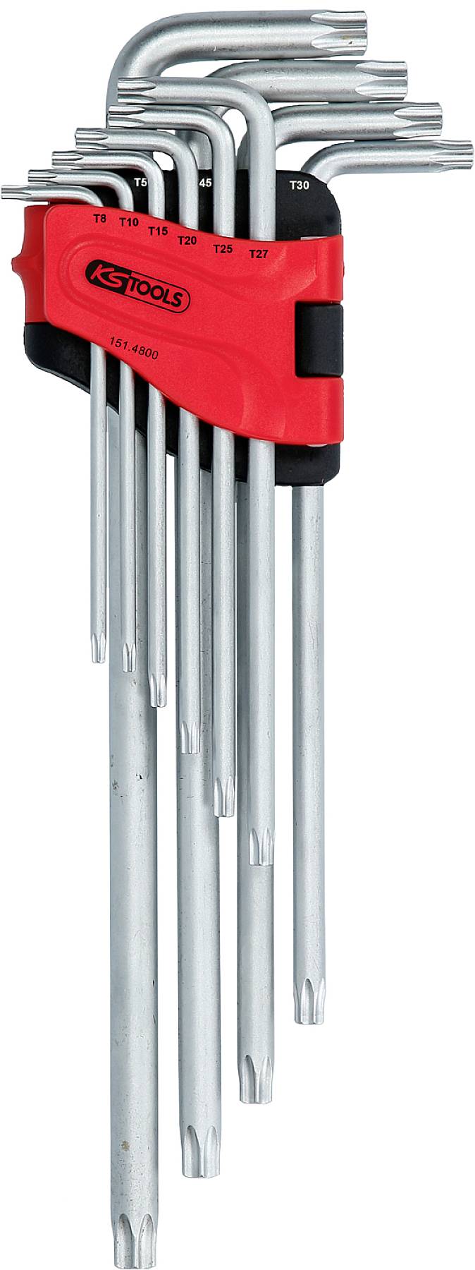 Ein Set von neun silbernen Torx-Winkelschlüsseln in einem roten Halter, gekennzeichnet mit T8 bis T40 für unterschiedliche Schraubengrößen.