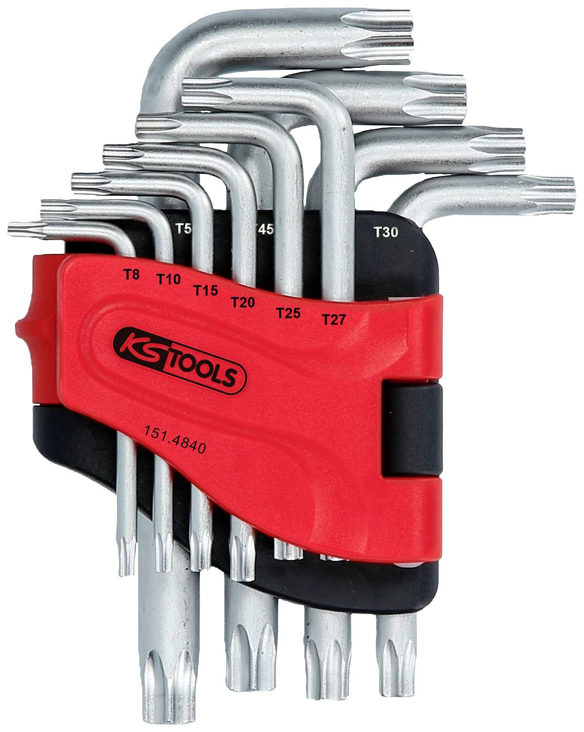 Ein Satz von L-förmigen Torx-Schlüsseln in verschiedenen Größen, gehalten von einem roten Kunststoffhalter mit der Aufschrift 'KS Tools'.