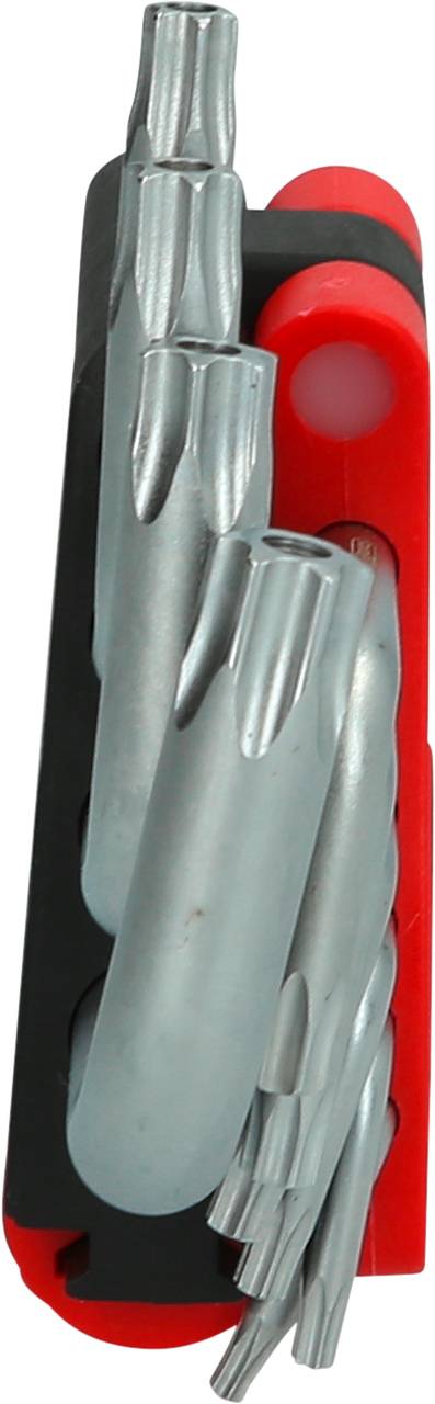 Ein Multitool mit mehreren Schraubendrehereinsätzen in einem rot-schwarzen Gehäuse.