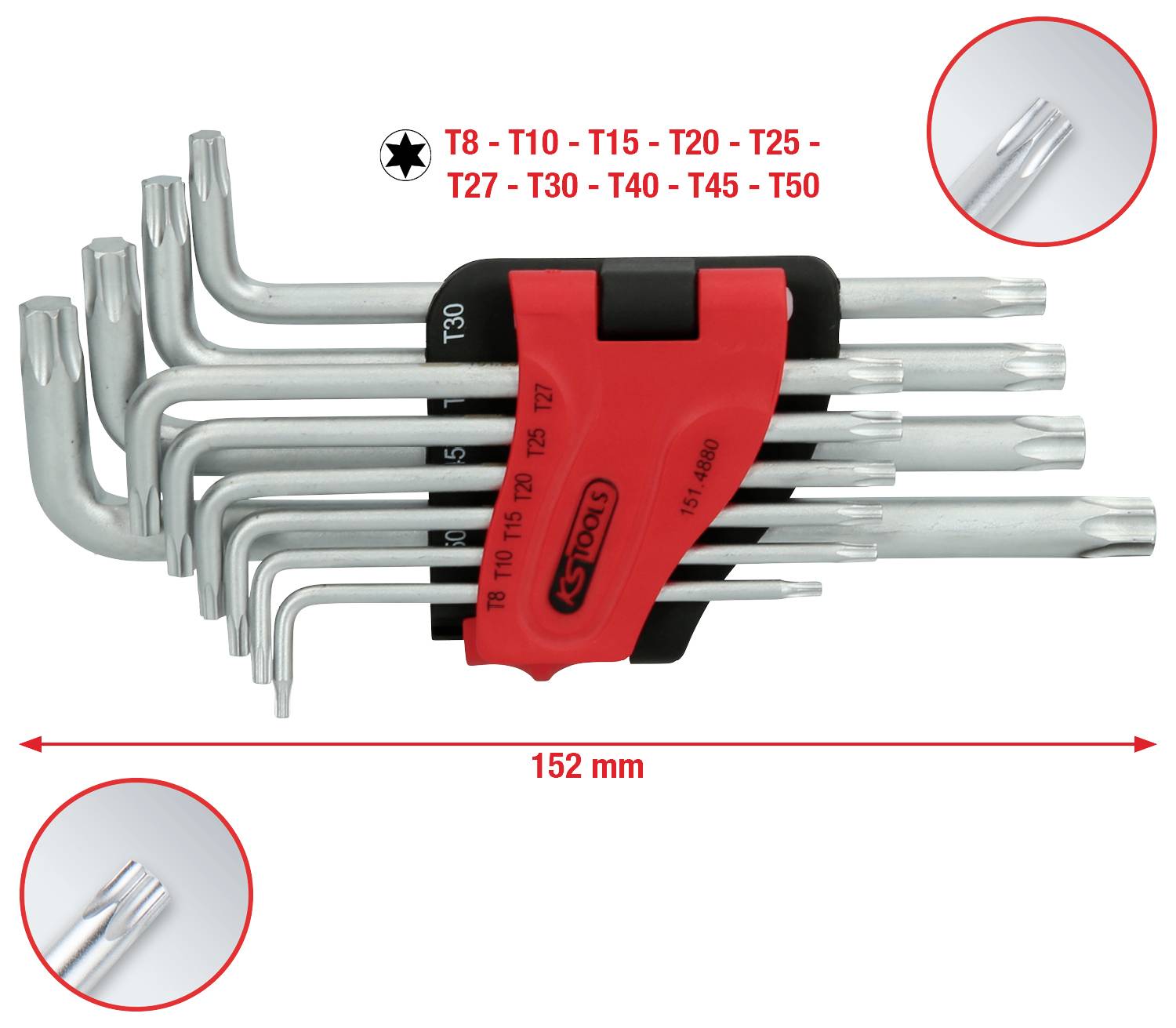Ein Set von neun Torx-Schlüsseln in verschiedenen Größen (T8 bis T50) mit Halterung. Gesamtbreite: 152 mm.