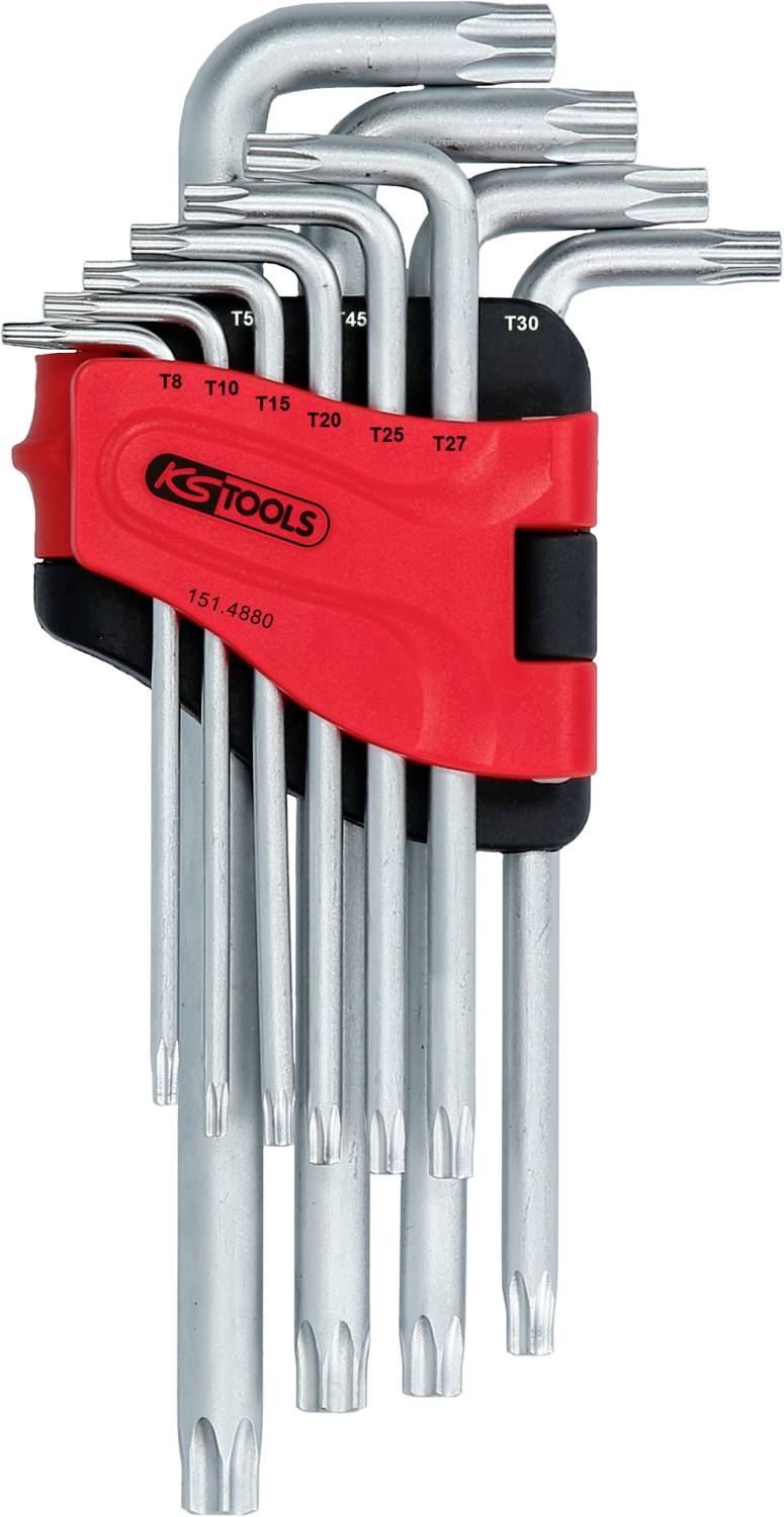 Ein Satz Torx-Schlüssel mit winkelförmigen Griffen, sortiert in einem roten Halter. Verschiedene Größen sind sichtbar von T9 bis T40.