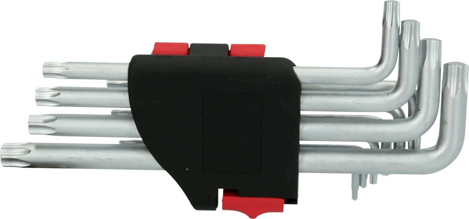 Ein Satz von fünf silbernen Torx-Schlüsseln in einem schwarzen und roten Halter, angeordnet nach Größe.