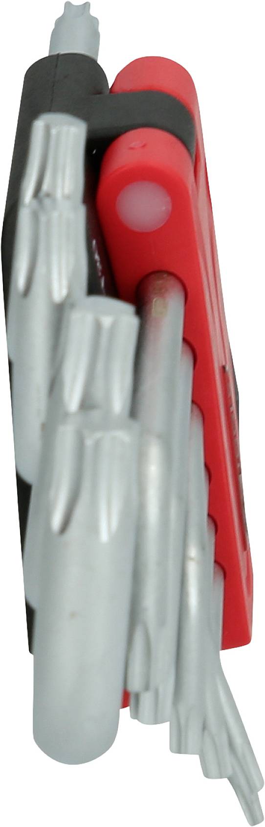 Ein rotes Multifunktionswerkzeug mit mehreren herausklappbaren Schraubendrehern.