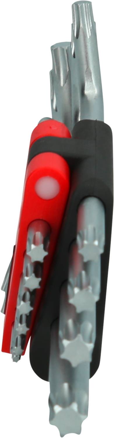 Ein rotes, klappbares Multitool mit verschiedenen Metallbits, darunter Schraubendreher- und Inbusschlüssel-Aufsätze.