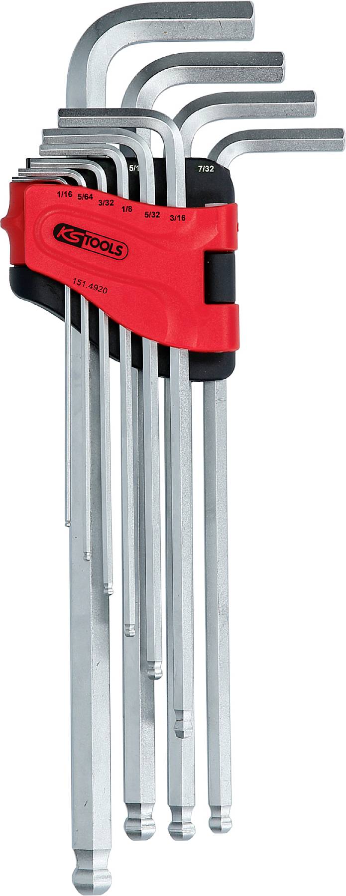 Inbusschlüssel-Set in Halterung, neun verschieden große silberfarbene Schlüssel mit rotem Kunststoffhalter. Markenlogo sichtbar.
