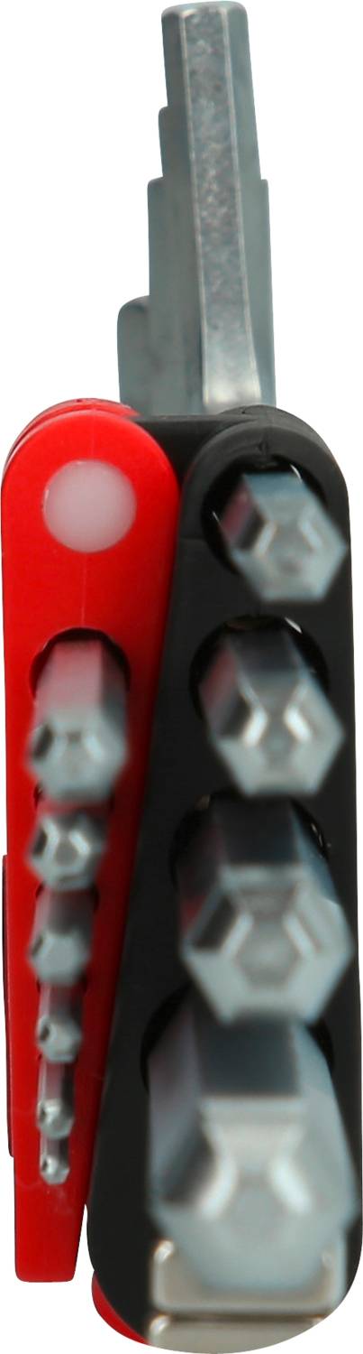 Ein Multitool mit verschiedenen Bits und einem Schlüsselaufsatz, teils in rotem Gehäuse.