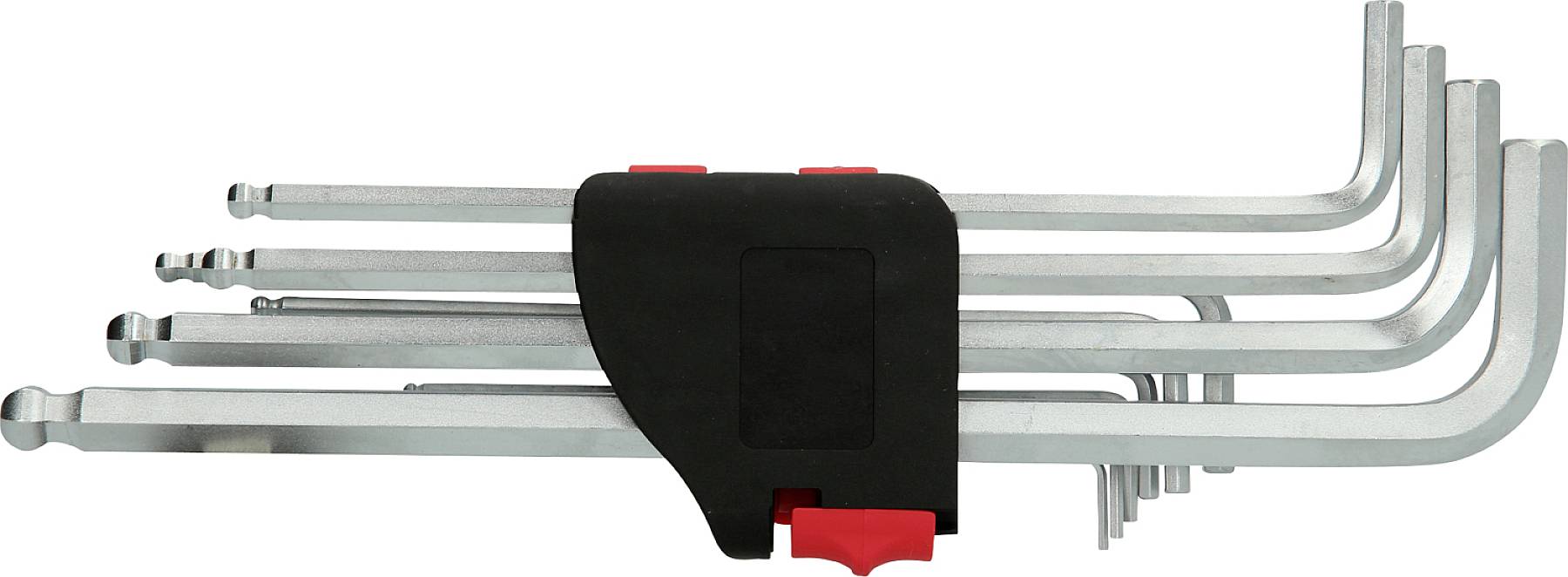 Inbusschlüsselsatz mit neun unterschiedlich großen Schlüsseln, zusammengehalten von einem schwarzen und roten Halter.