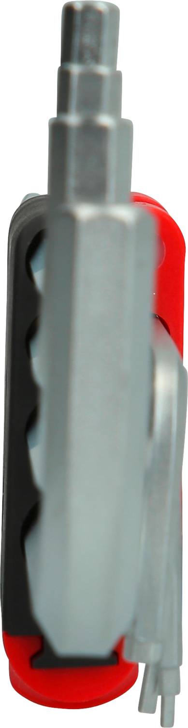 Ein rotes Multifunktionswerkzeug mit verschiedenen ausklappbaren Elementen, seitlich betrachtet.