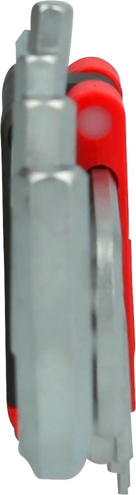 Rotes Taschenwerkzeug mit mehreren geschlossenen Metallwerkzeugen, seitliche Ansicht.