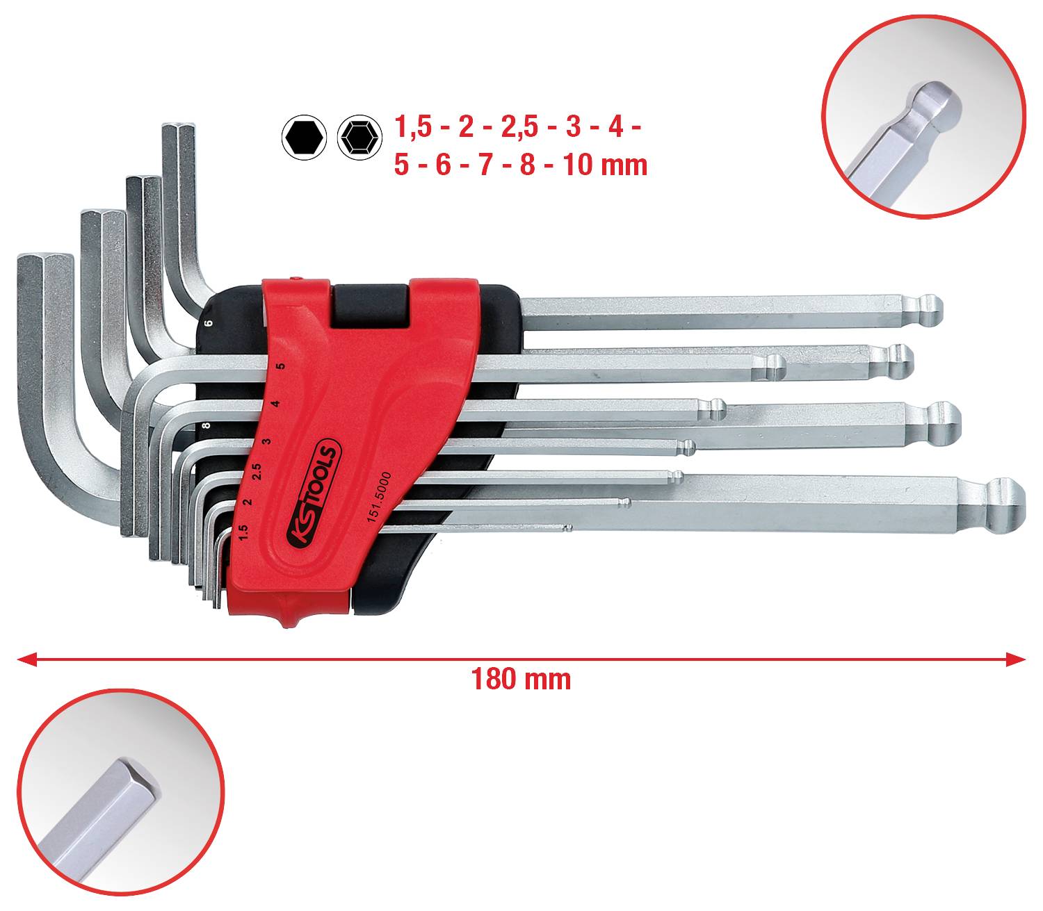 Satz von neun Inbusschlüsseln in verschiedenen Größen von 1,5 mm bis 10 mm, angeordnet auf einem Halter mit 180 mm Breite, Bild der Kopfdetails.