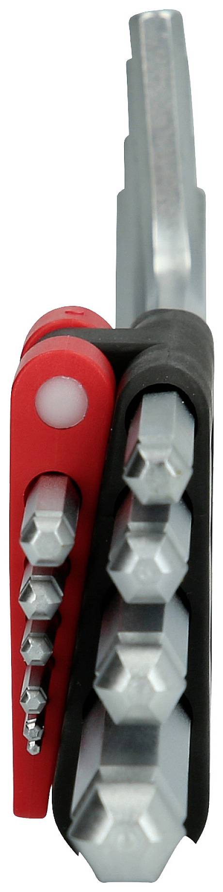 Ein sechsteiliges Bit-Set in einem rot-schwarzen Halter, der Bits unterschiedlicher Größe vertikal anordnet.