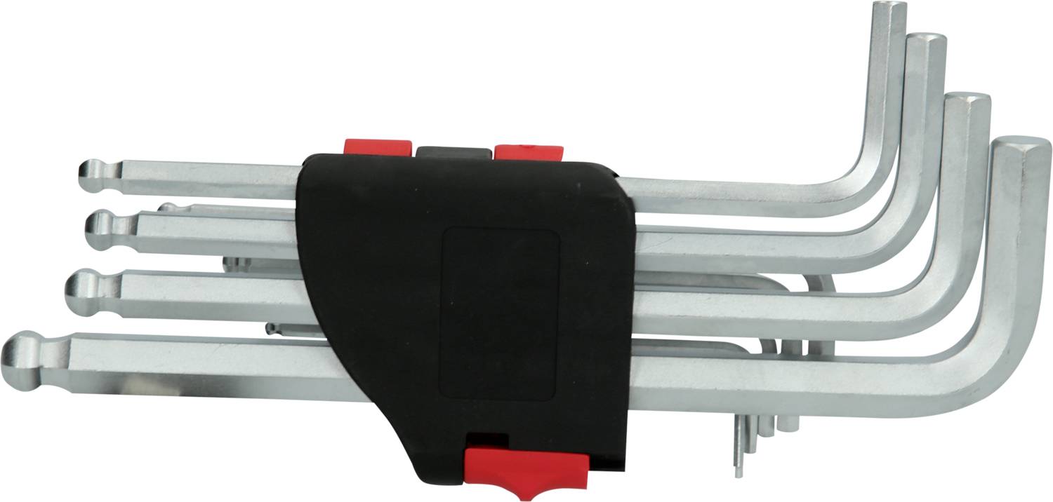 Ein Satz von sechs Inbusschlüsseln in verschiedenen Größen, gehalten in einem schwarzen Halter mit roten Details, auf weißem Hintergrund.